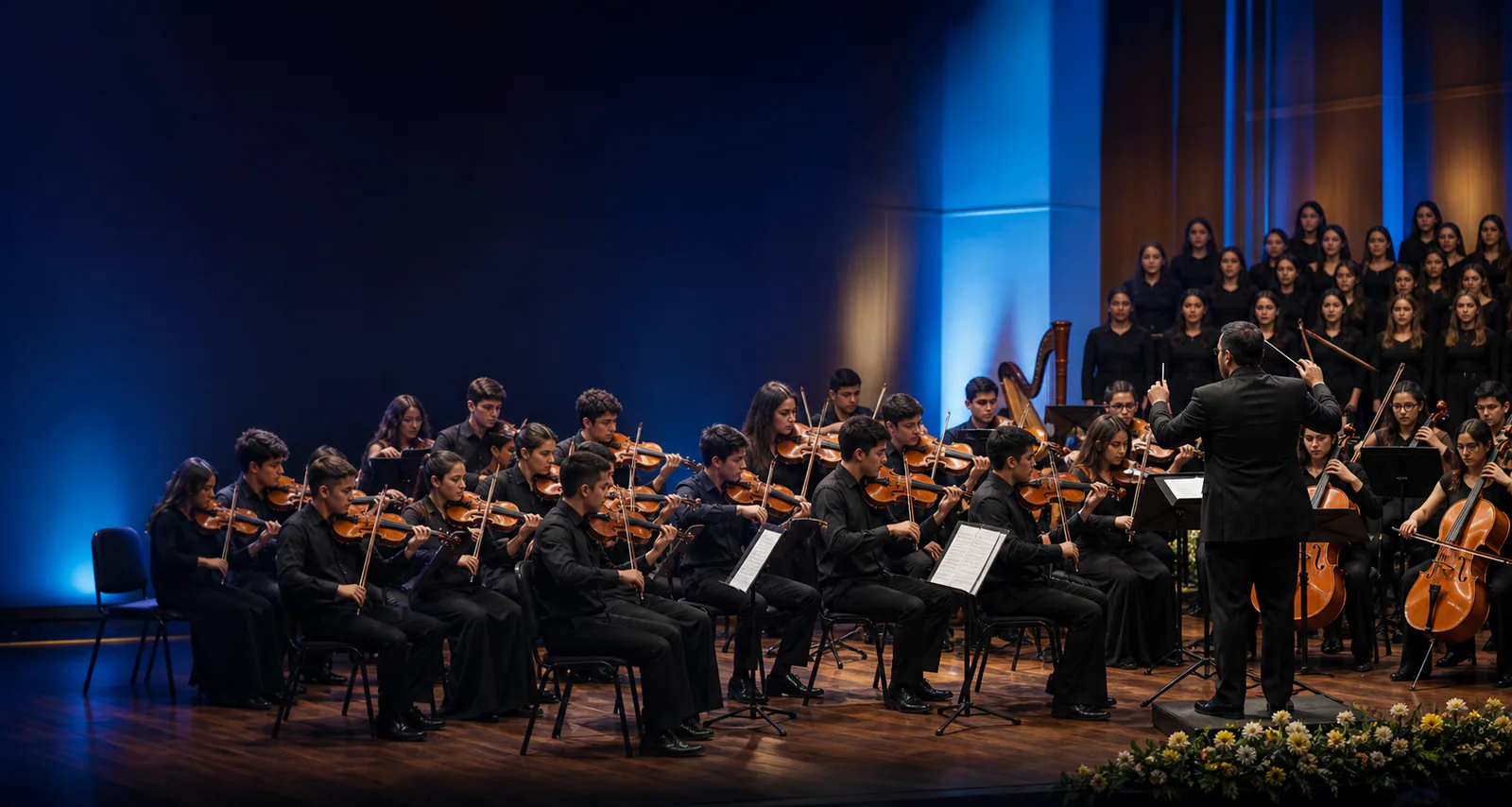 Orquesta juvenil profesional en un escenario moderno con iluminación azul institucional